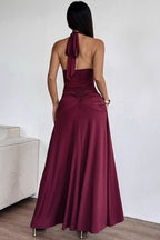 Deep V Backless Halter Ruched Formal Dress