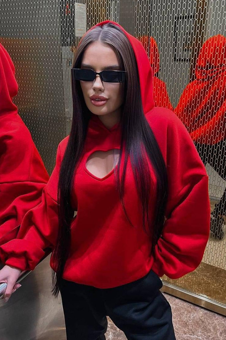Solid Heart Cutout Long Sleeve Hoodie