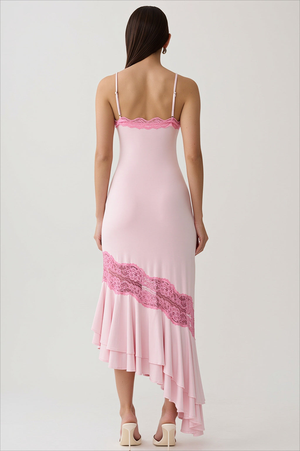 Lace Trim Backless Waist Cinched Mermaid Dress