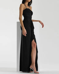 Ruched Bandage Split Halter Maxi Dress