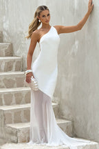 Asymmetric Backless Sheer Paneled Solid Formal Dress