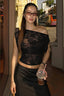 Sheer Lace Asymmetric Neck Fitted Crop Top