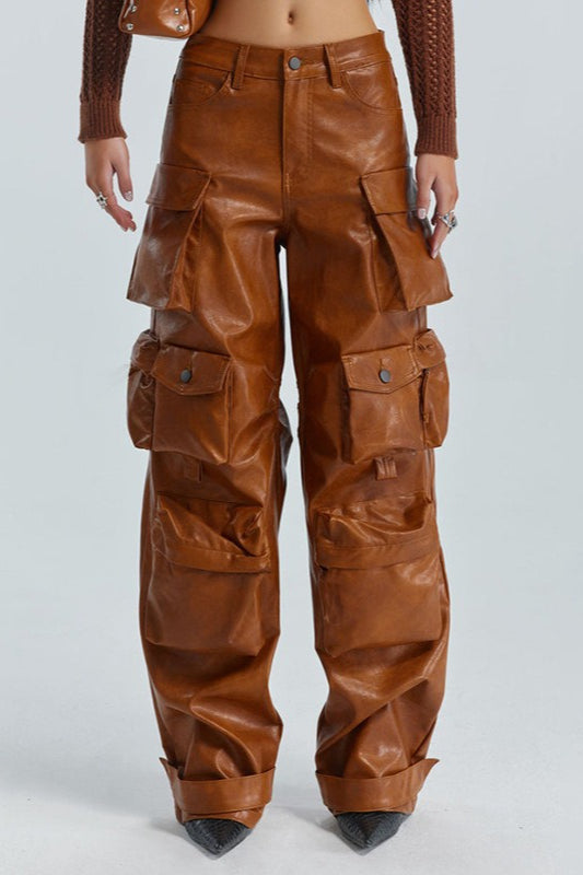Multi Pocket PU Paneled Loose Wide Leg Cargo Pants Secondary image