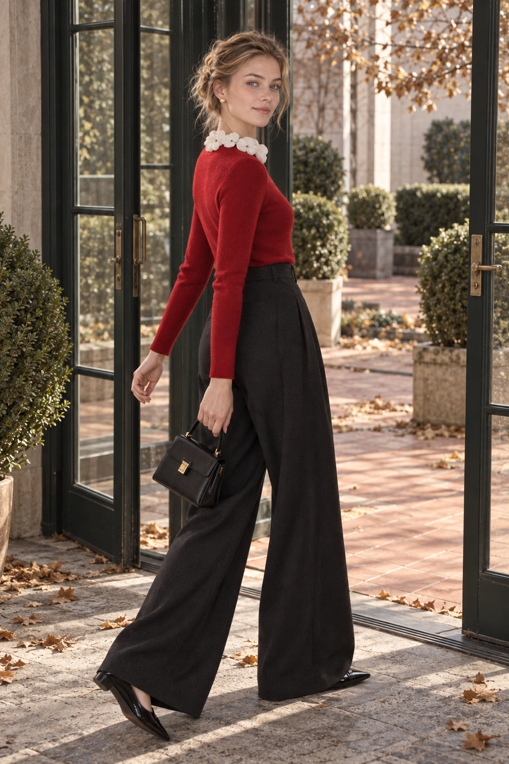 Solid Long Sleeve Floral Knit Top