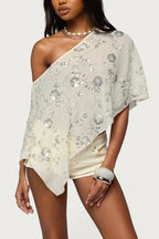 Sequin Asymmetric Draped Cape Sleeve T-Shirt