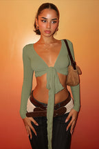 Tie Front Deep V Long Sleeve Crop Top