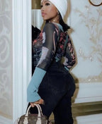 Print Mesh Long Sleeve Sheer Top