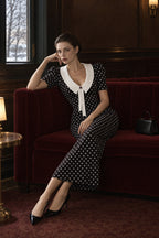 Retro Lapel Slim Polka Dot Maxi Dress