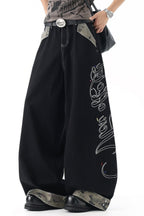 Camouflage Panel Letter Embroidered Wide Leg Jeans