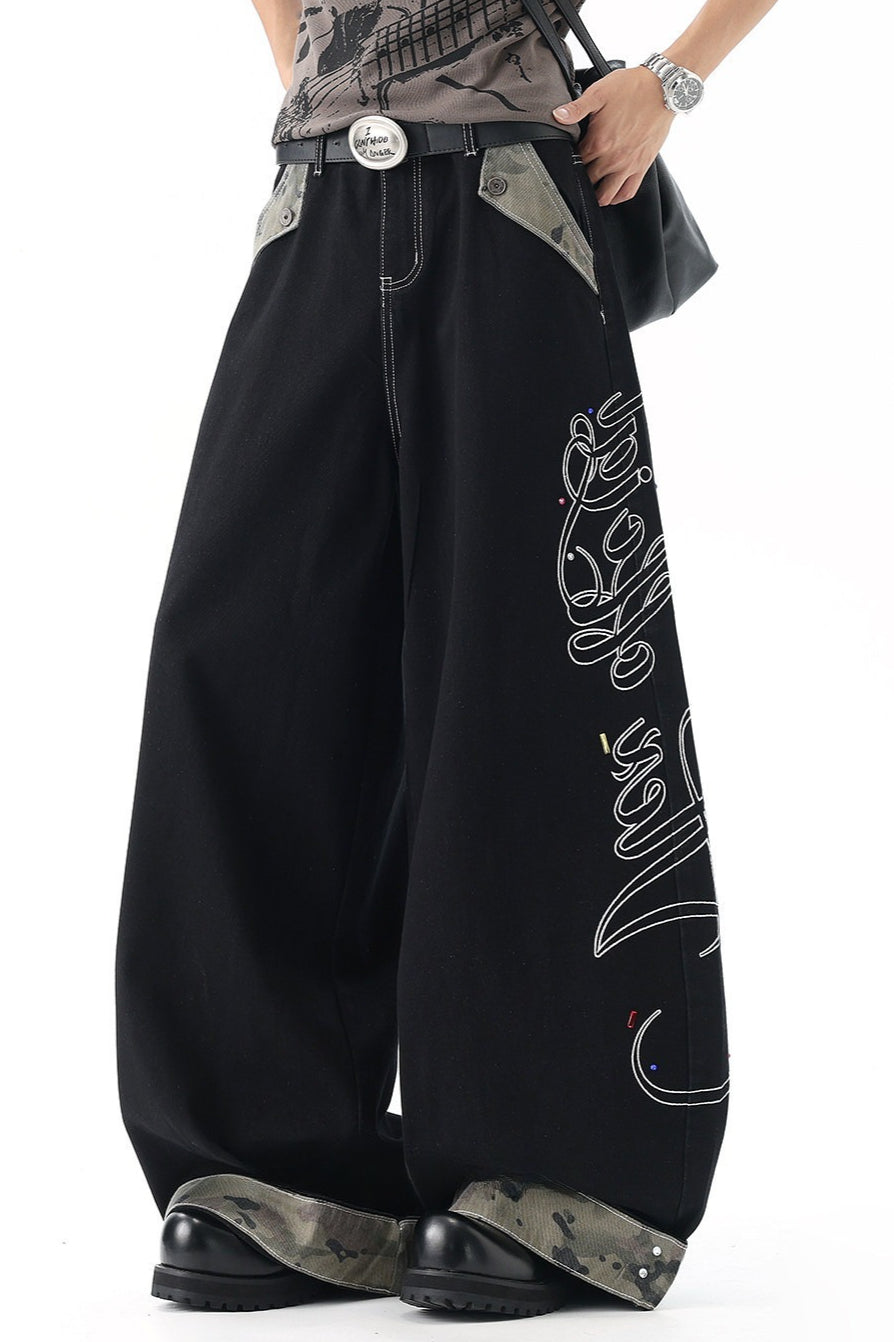 Camouflage Panel Letter Embroidered Wide Leg Jeans