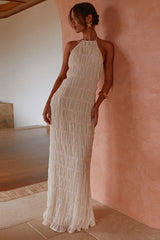 Backless Ruched Striped Tie Ruffled Maxi Boho Dress