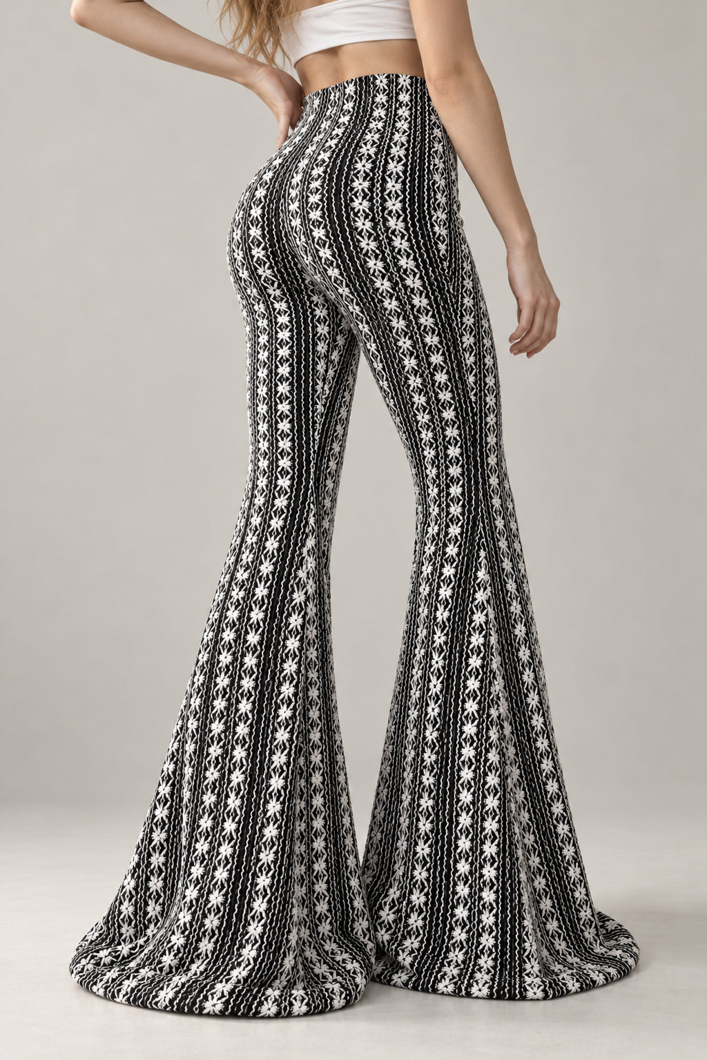 Striped Knit Elastic Flare Pants
