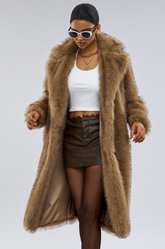 Notched Lapel Faux Fur Long Extended Overcoat Main image