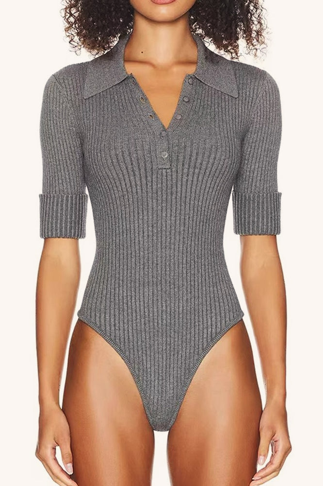 Knit Collared Short Sleeve Stretch Slim Bodysuit Main image