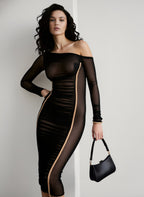 Diagonal Collar Draped Mesh Maxi Dress