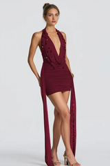 Deep V Halter Sash Teardrop Bodycon Party Dress