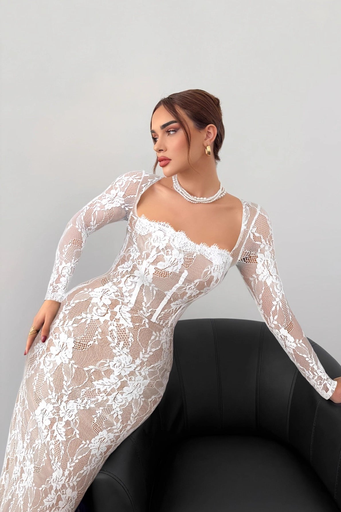 Elegant Square Neck Long Sleeve Lace Dress Main image