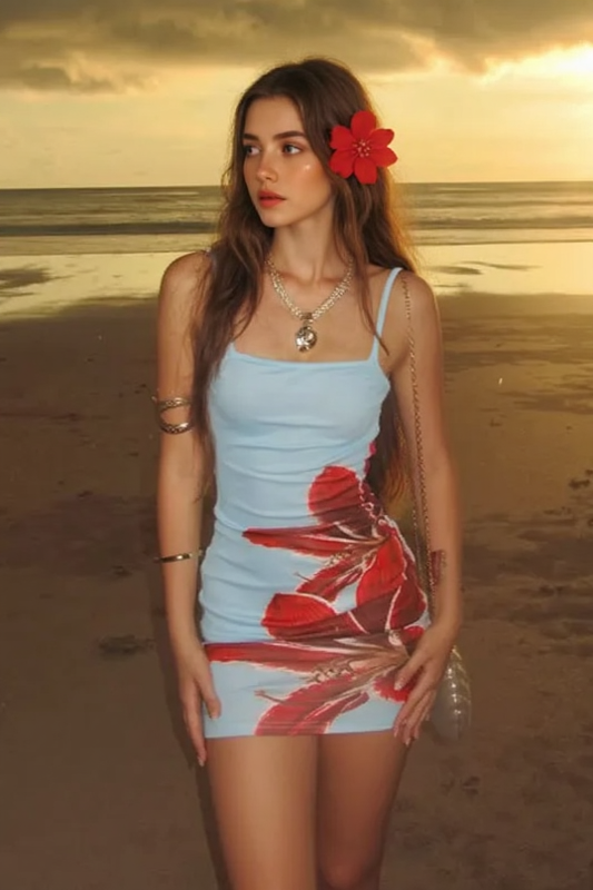 Tropical Floral Contrast Curve Hugging Slip Dress Main image