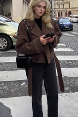 Wide Lapel Belted Cropped Wool Coat