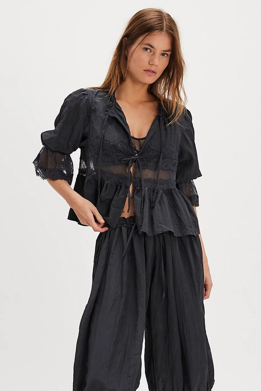 Lace Panel Ruffle Balloon Sleeve Tie Front Blouse