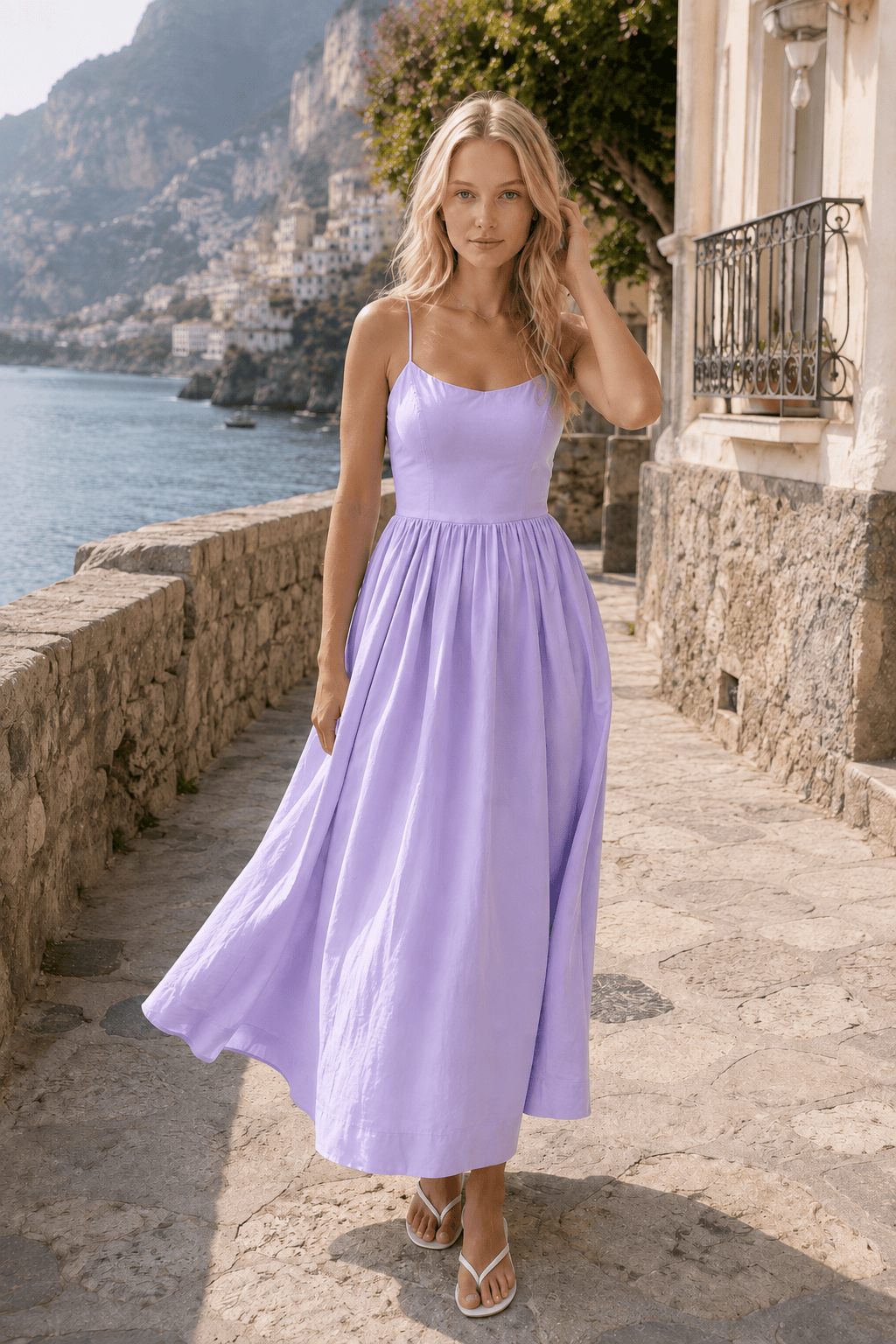 U-Neck Pleated Sundress Midi Dress