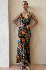 Satin V-Neck Floral Maxi Silk Dress