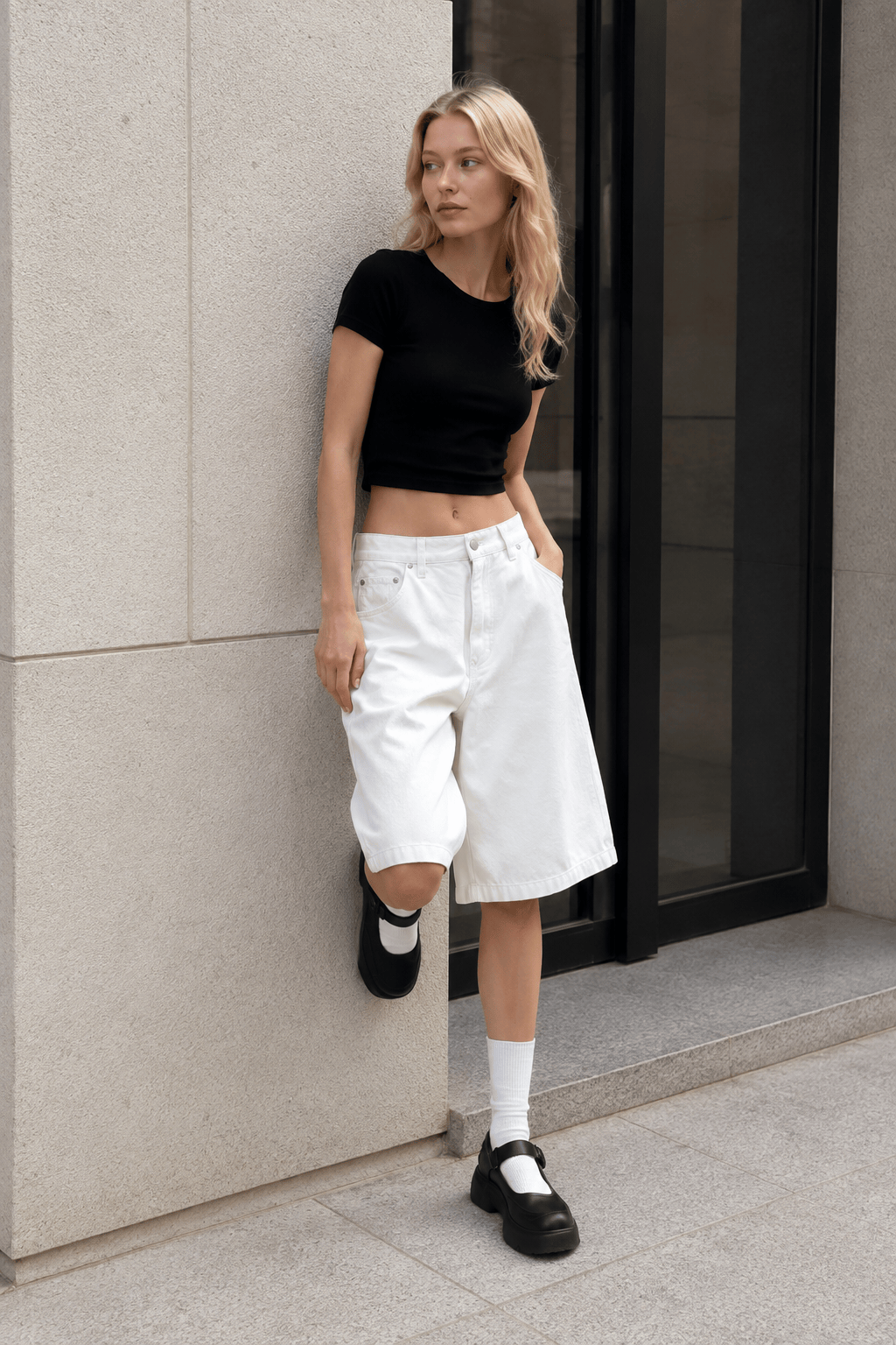 White High Waist Minimalist Wide Leg Denim Shorts Main image