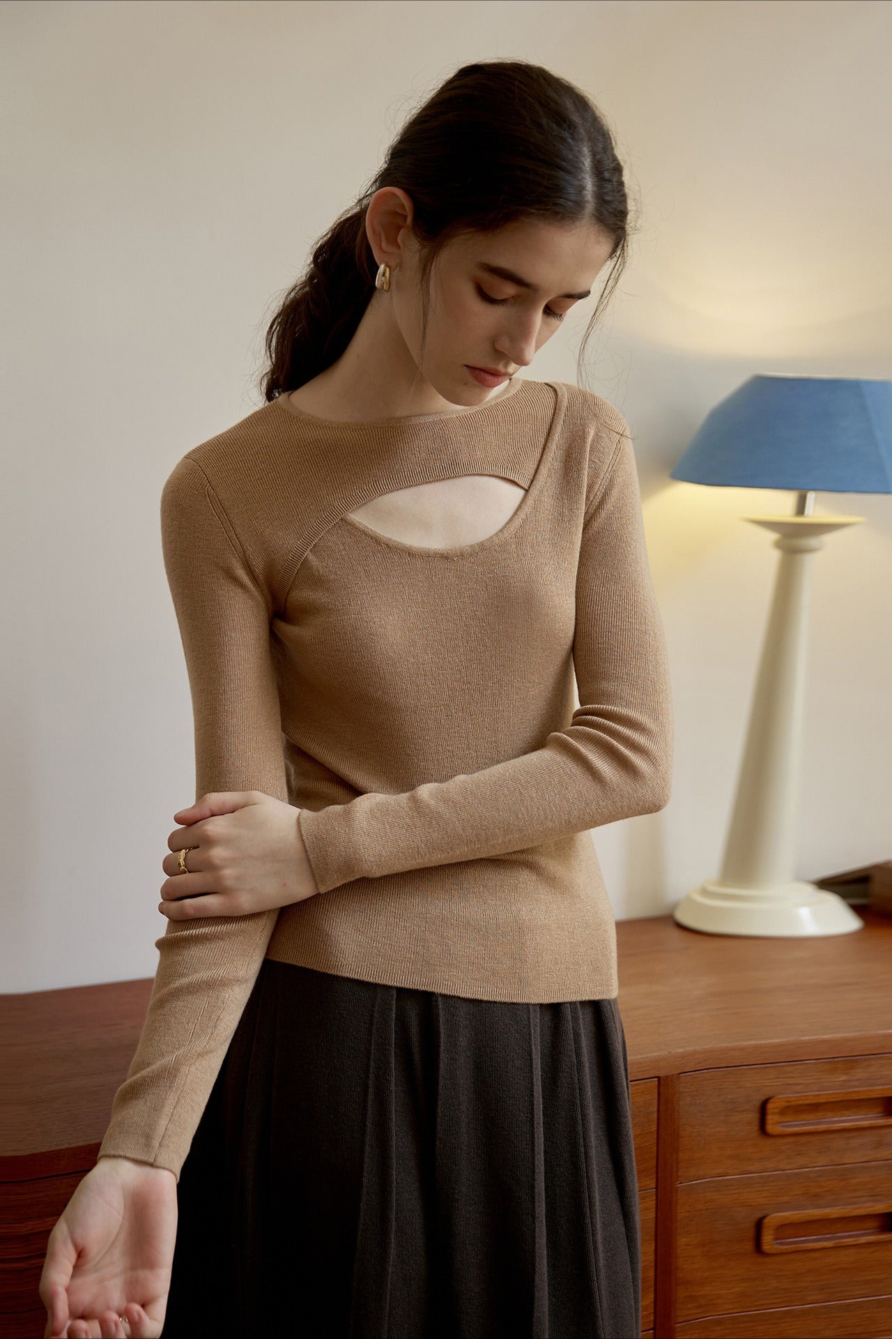 Sheer Panel Slim Wool Knit Top Secondary image