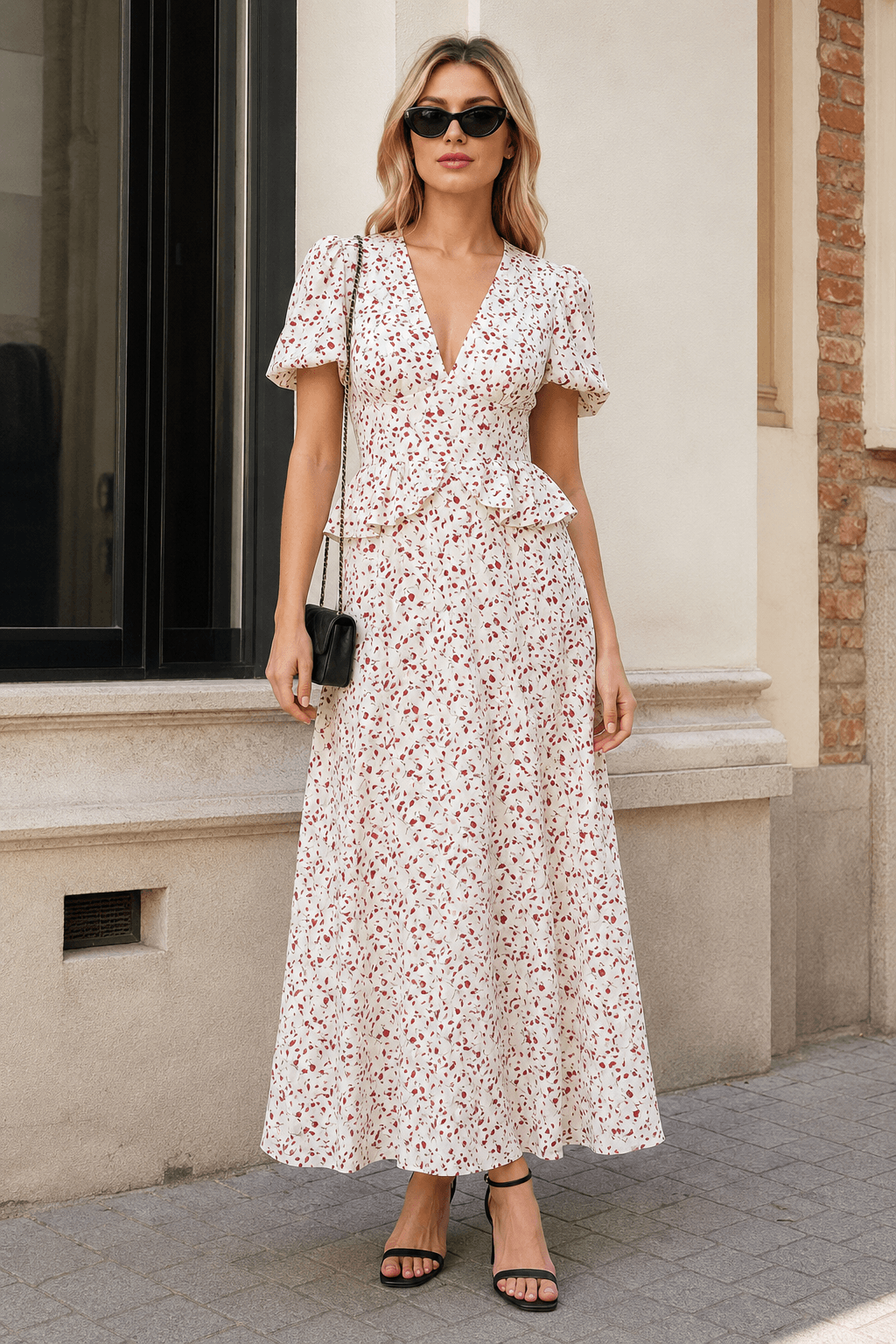 Elegant Puff Sleeve V Neck Slim Waist Long Floral Dress