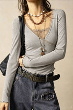 Lace Trim V Neck Ruched Long Sleeve Knit Top