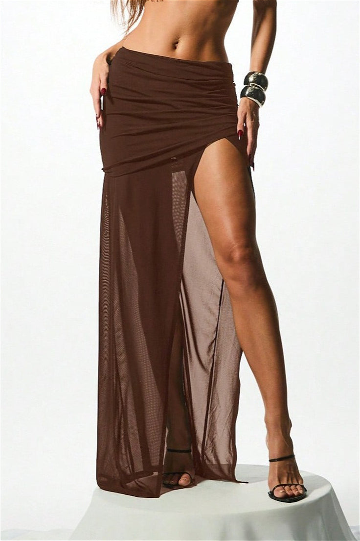 Double Layer Mesh Slit Ruched Maxi Skirt