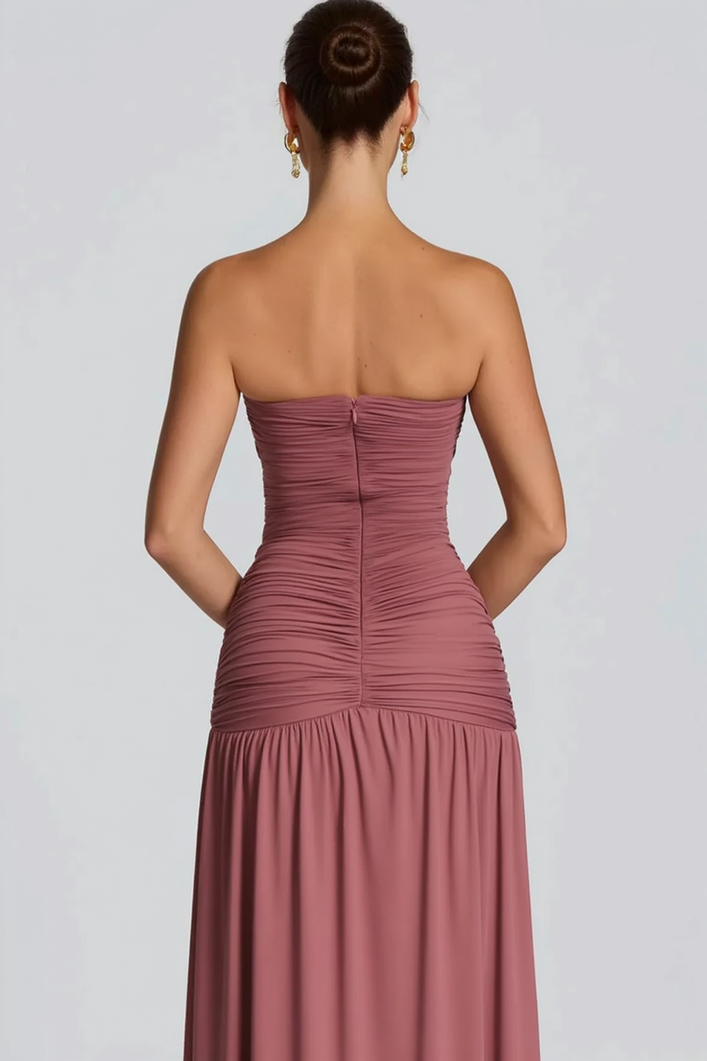 Solid Strapless High Slit Ruched Bodycon Party Dress