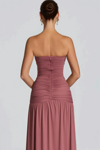Solid Strapless High Slit Ruched Bodycon Party Dress