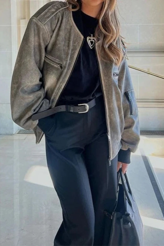Faux Leather Zipper Bomber Jacket Secondary image