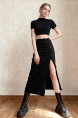 Black Sexy Women A-line Slits High Waist Slim Hip-covering Solid Mid-length Long Streetwear Skirt