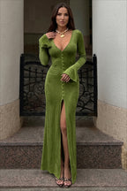 Deep V-Neck Button Front Flare Sleeve Work Dress