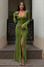 Deep V-Neck Button Front Flare Sleeve Work Dress