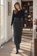 Elegant Striped Faux Wool Belted Casual High Waist A-Line Skirt