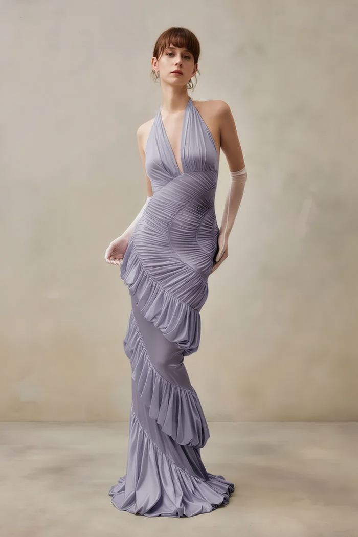 Elegant Solid V Neck Halter Backless Fitted Ruched Party Dress Secondary image