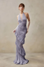 Elegant Solid V Neck Halter Backless Fitted Ruched Party Dress