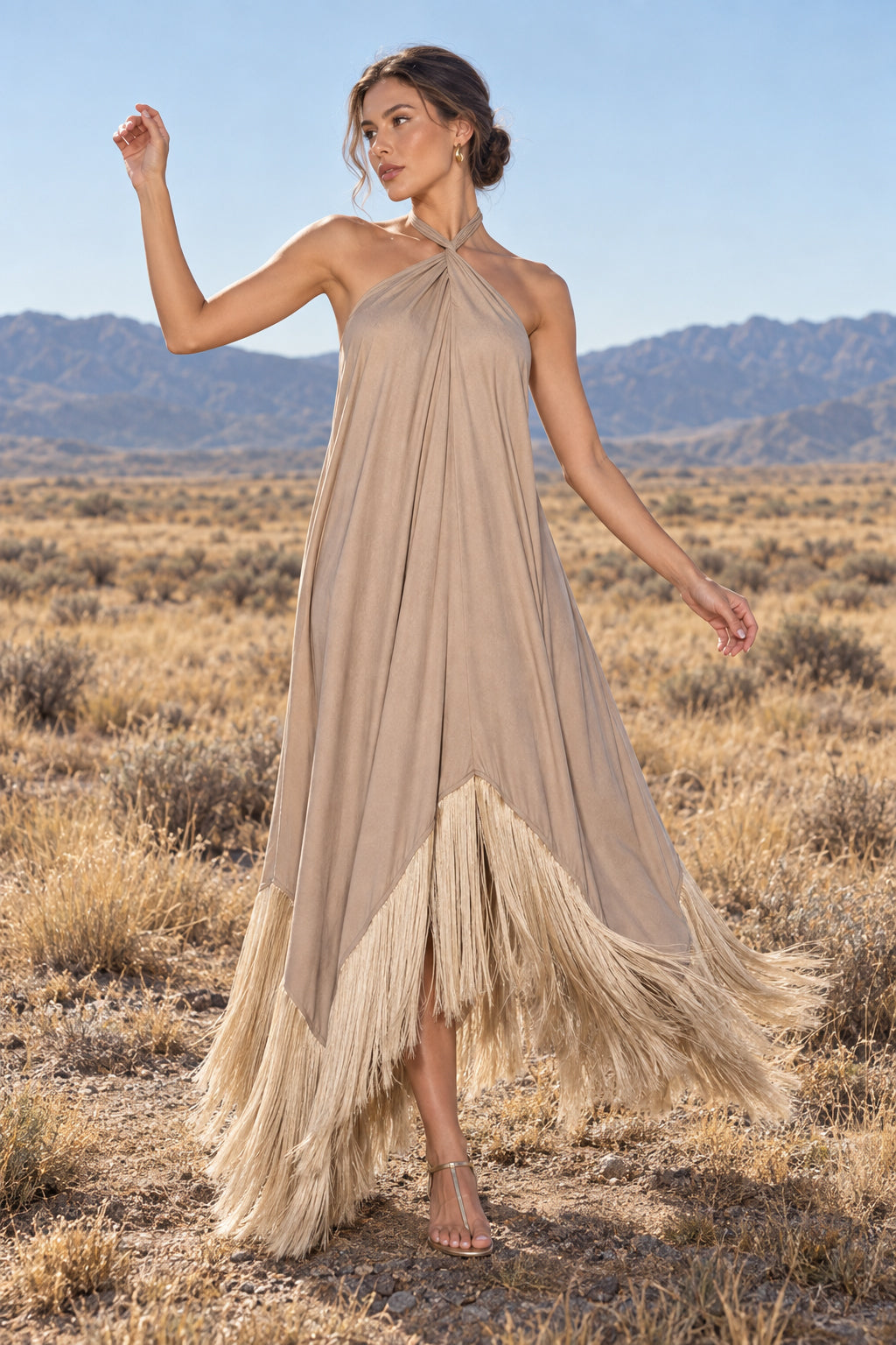 Halter Fringe Maxi Party Dress