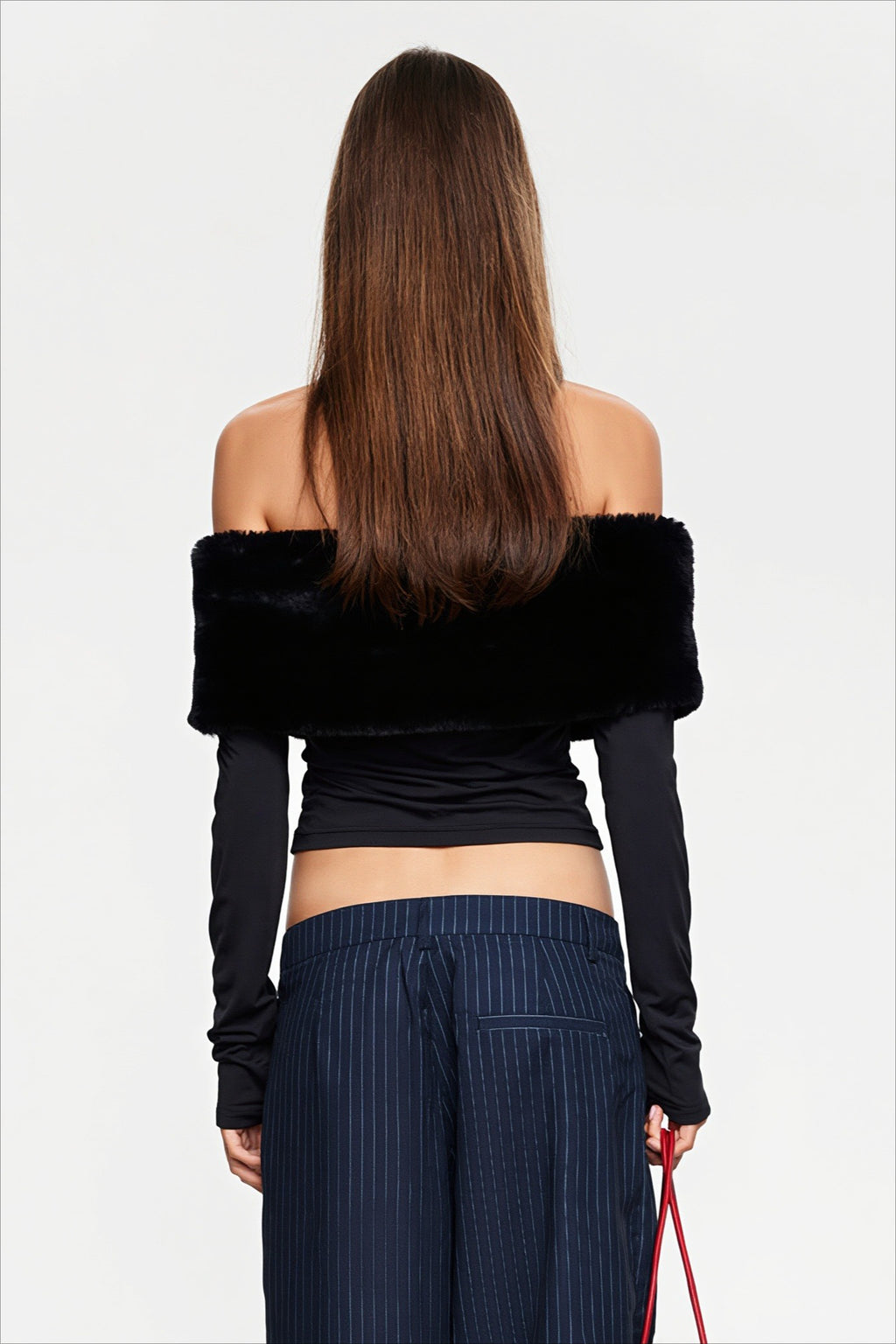 Faux Fur Off Shoulder Cropped Long Sleeve T-Shirt
