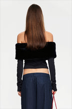Faux Fur Off Shoulder Cropped Long Sleeve T-Shirt