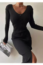 V-Neck Buttoned Split Fitted Bodycon Midi Knit Sweater Dress
