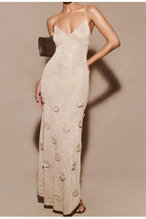 Fitted Maxi Knit Spaghetti Strap V Neck  Sweater Dress