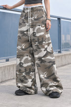 Camo Drawstring Wide Leg Cargo Pants