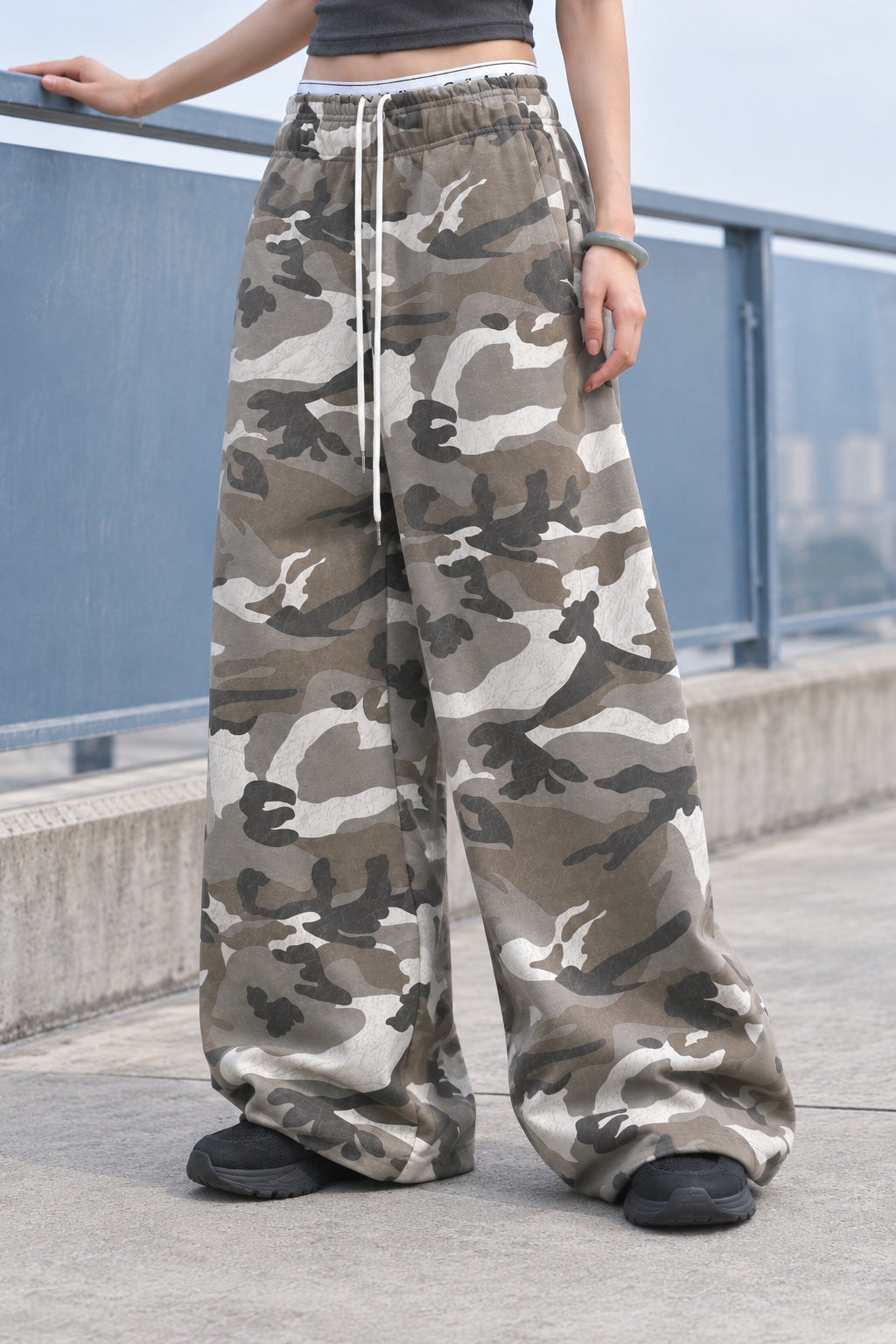 Camo Drawstring Wide Leg Cargo Pants