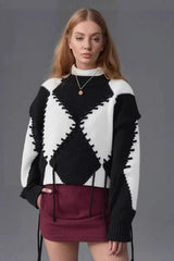 Rope Tie Color Block Knit Sweater