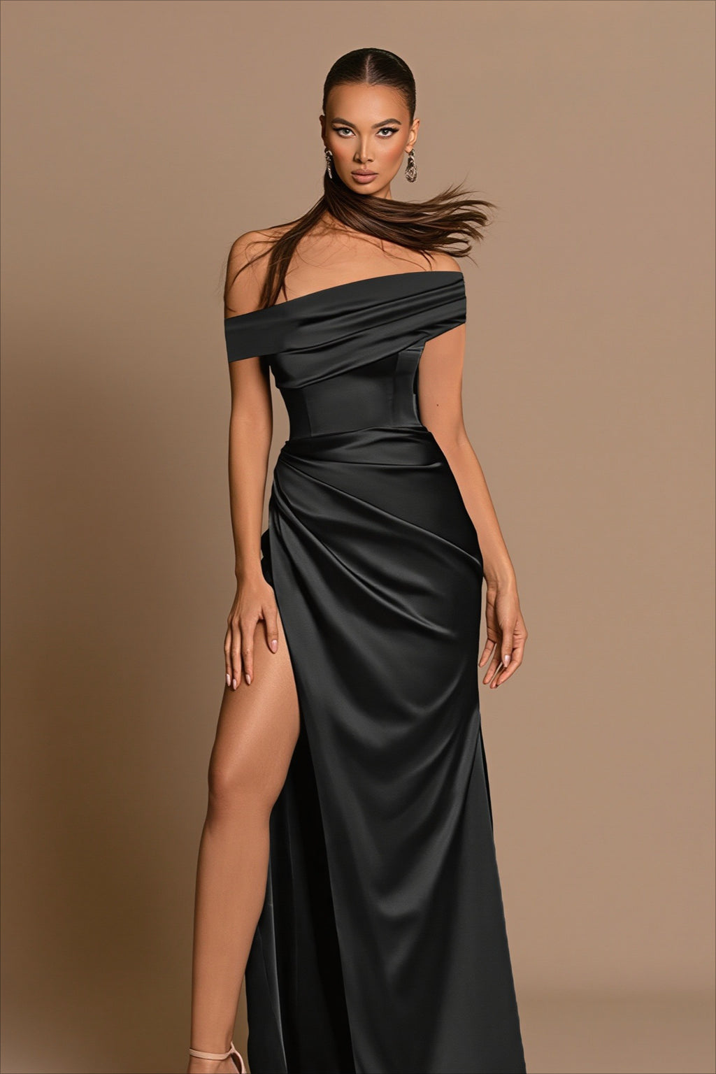 Elegant Lustrous Off-Shoulder Slit Maxi Dress