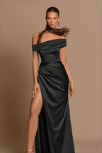 Elegant Lustrous Off-Shoulder Slit Maxi Dress